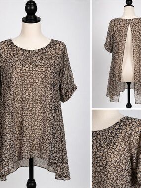 Karen Zambos Vintage Couture Open Back Sheer Floral Tunic Blouse Boho L